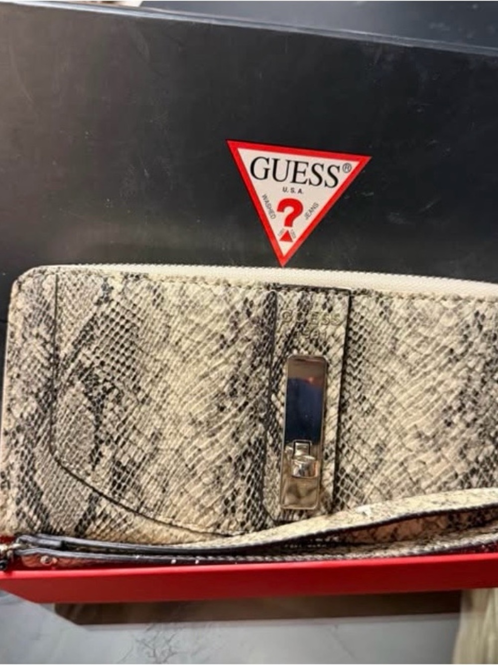 NWT GUESS Snake Print Wallet wristlet in Beige and Black